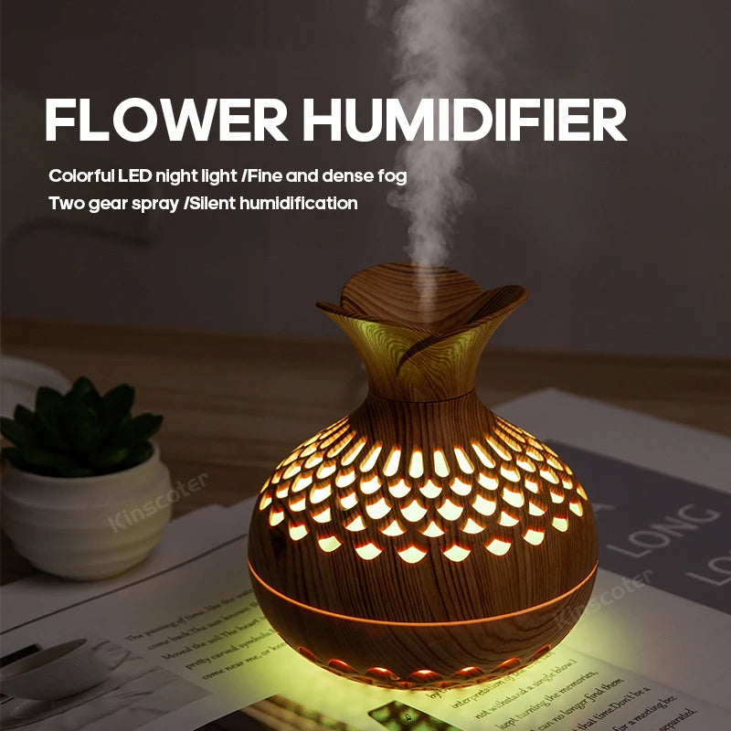 Diffuseur d'aromathérapie portable en bois – Humidificateur à ultrasons 300 ml avec lampe RVB